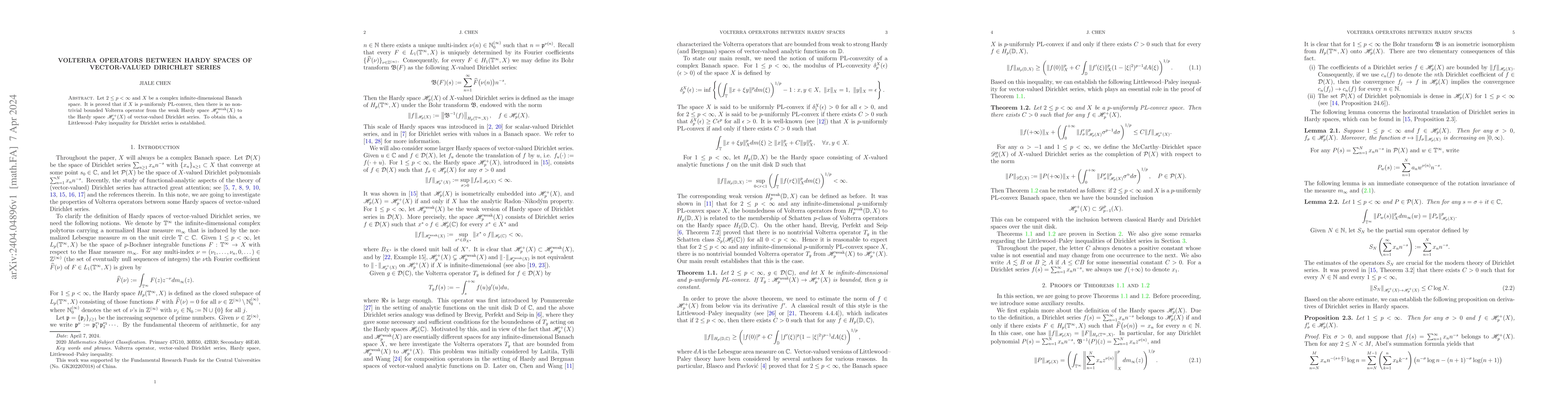 Thumbnail for Volterra operators between Hardy spaces of vector-valued Dirichlet
  series