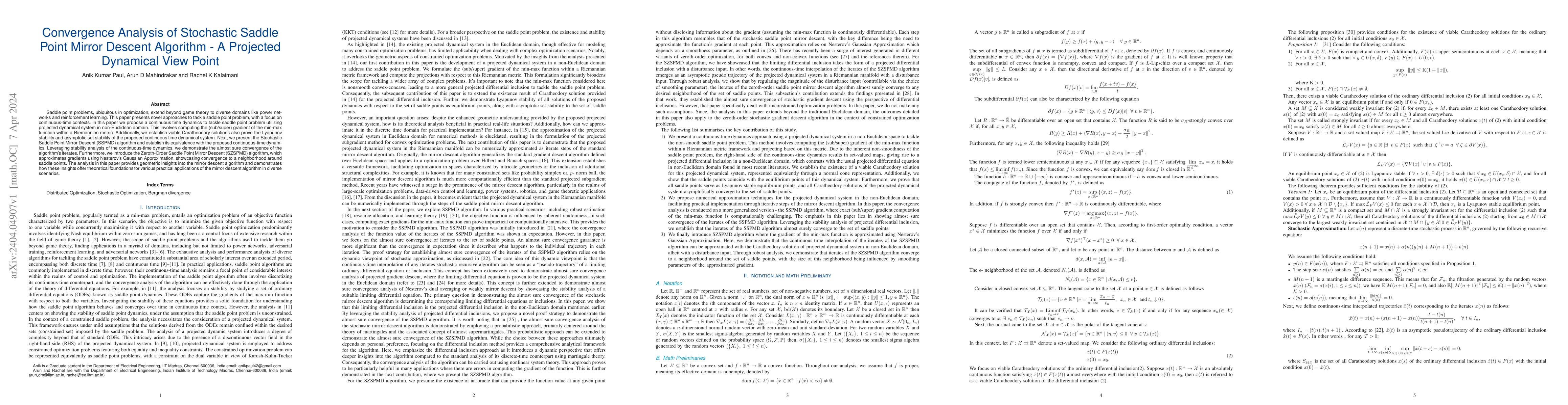 Thumbnail for Convergence Analysis of Stochastic Saddle Point Mirror Descent Algorithm
  -- A Projected Dynamical View Point