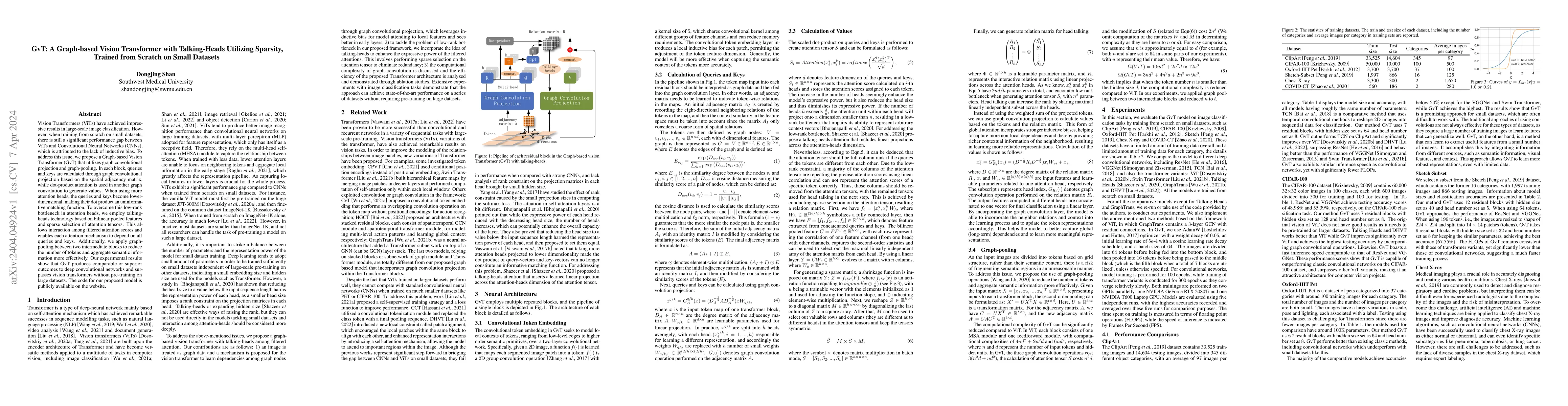 Thumbnail for GvT: A Graph-based Vision Transformer with Talking-Heads Utilizing
  Sparsity, Trained from Scratch on Small Datasets