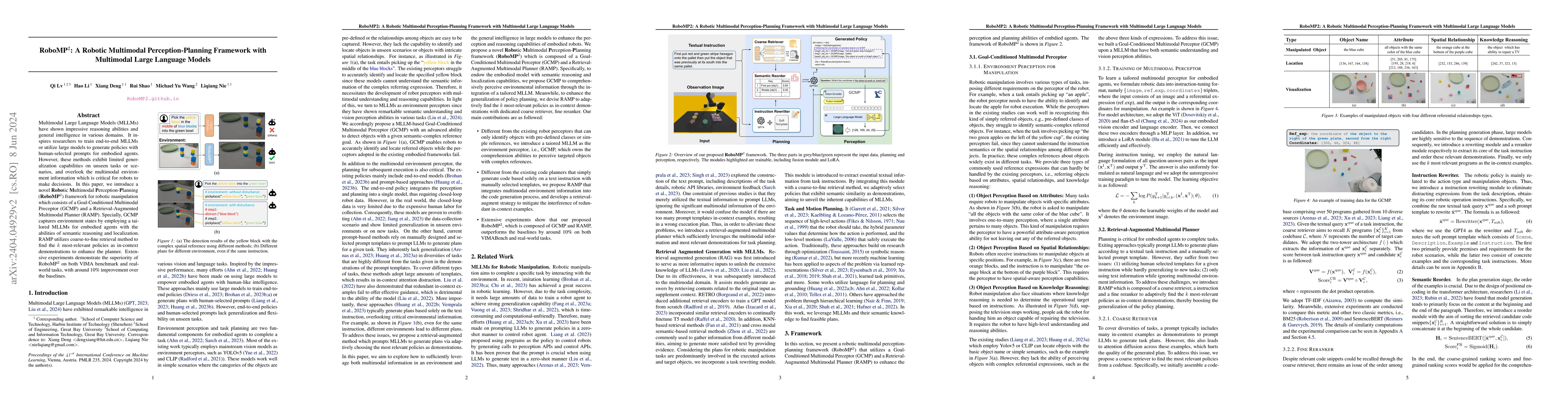 Thumbnail for RoboMP$^2$: A Robotic Multimodal Perception-Planning Framework with
  Multimodal Large Language Models