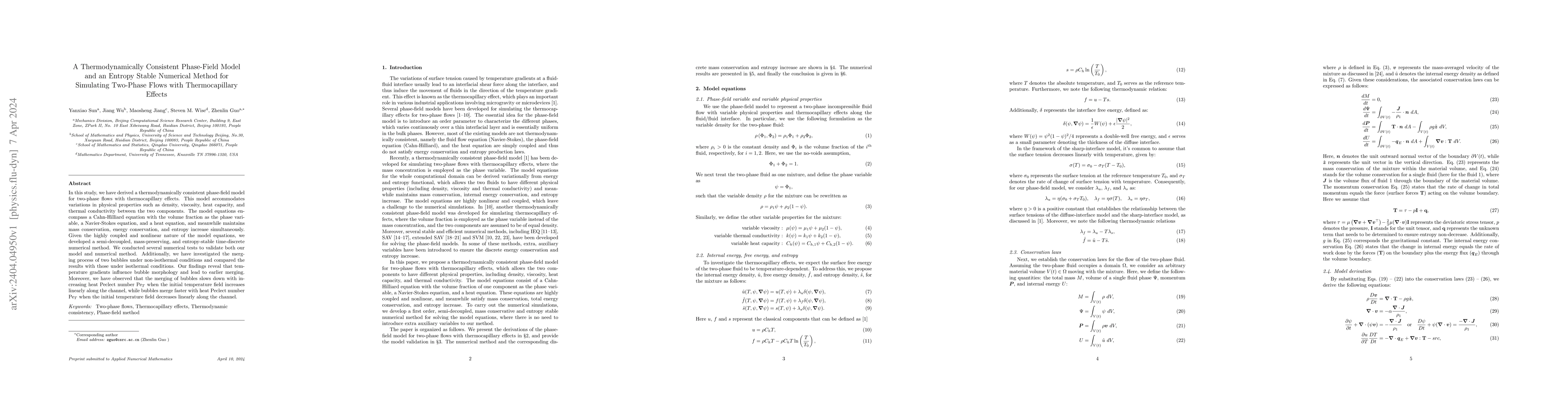 Thumbnail for A Thermodynamically Consistent Phase-Field Model and an Entropy Stable
  Numerical Method for Simulating Two-Phase Flows with Thermocapillary Effects