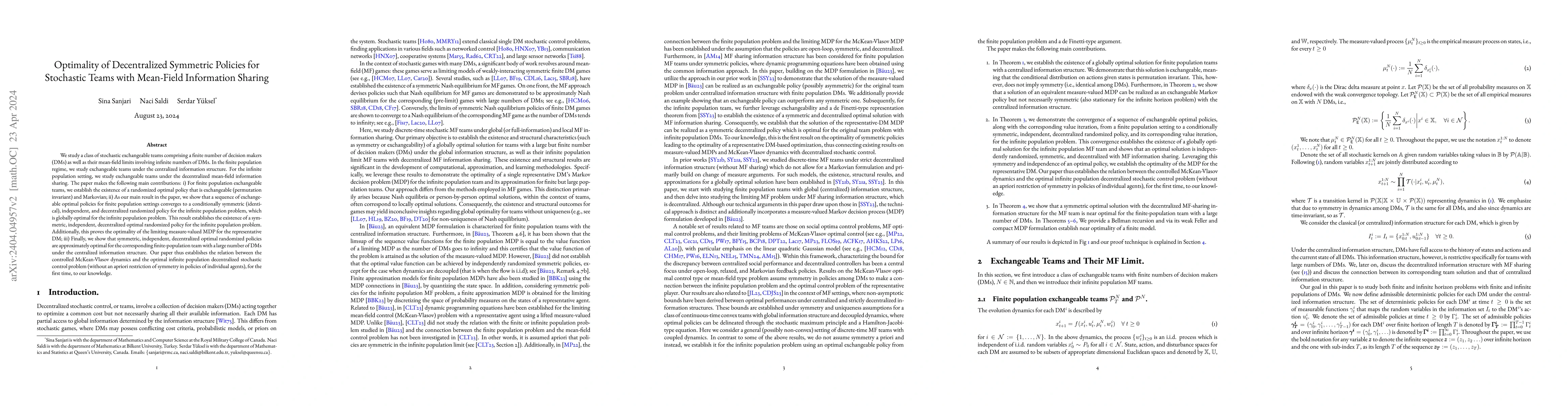 Thumbnail for Optimality of Decentralized Symmetric Policies for Stochastic Teams with
  Mean-Field Information Sharing