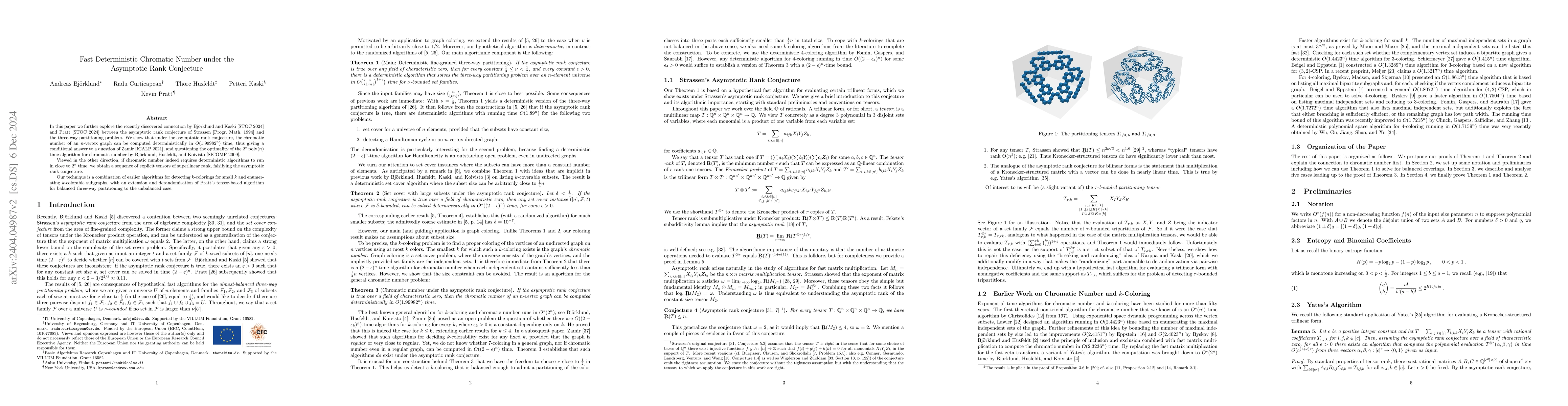 Thumbnail for Chromatic number in $1.9999^n$ time? Fast deterministic set partitioning
  under the asymptotic rank conjecture
