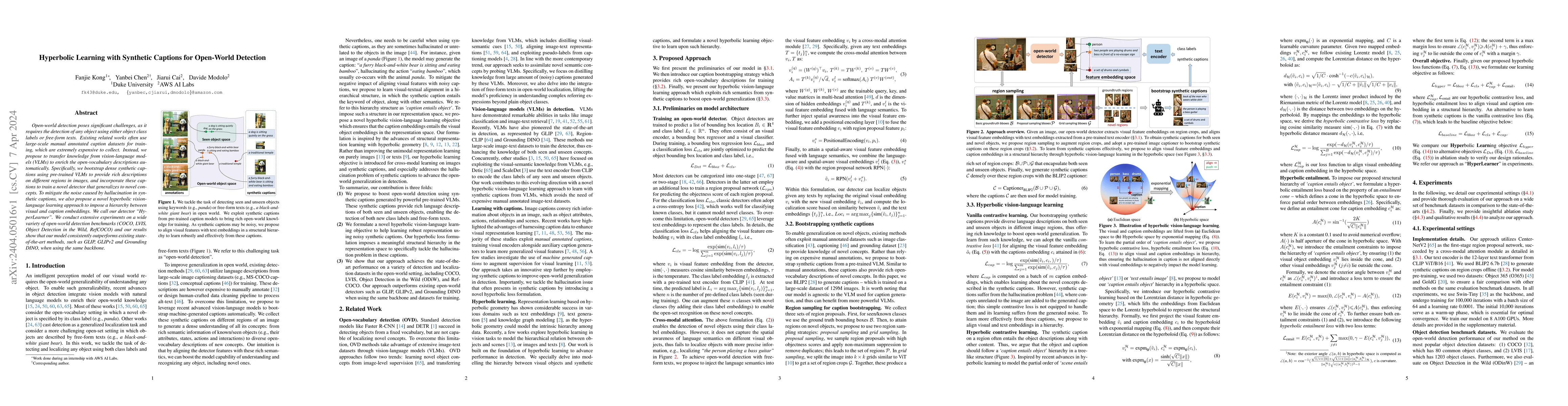 Thumbnail for Hyperbolic Learning with Synthetic Captions for Open-World Detection