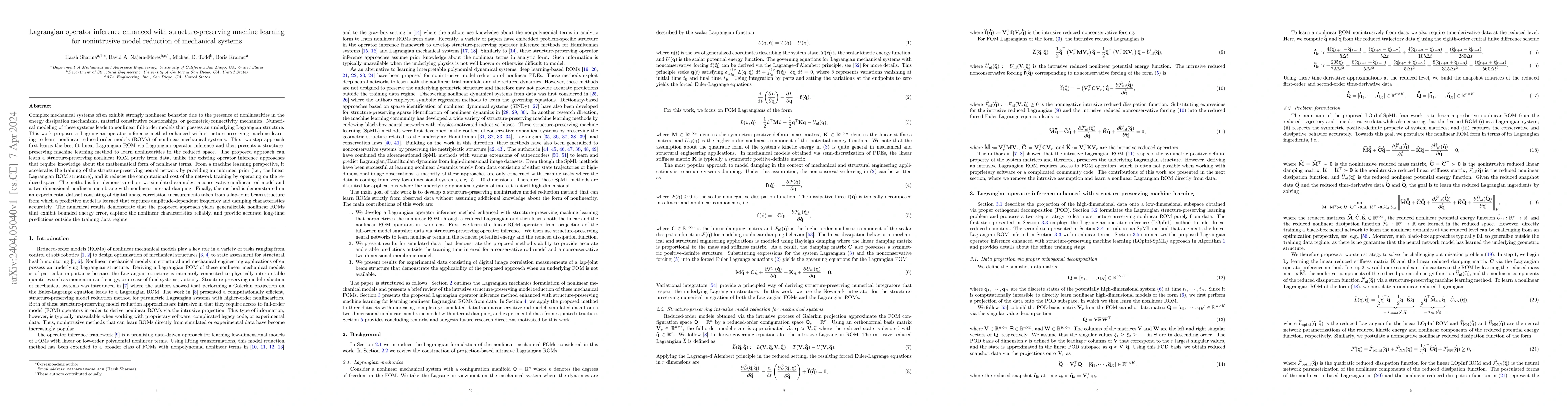 Thumbnail for Lagrangian operator inference enhanced with structure-preserving machine
  learning for nonintrusive model reduction of mechanical systems