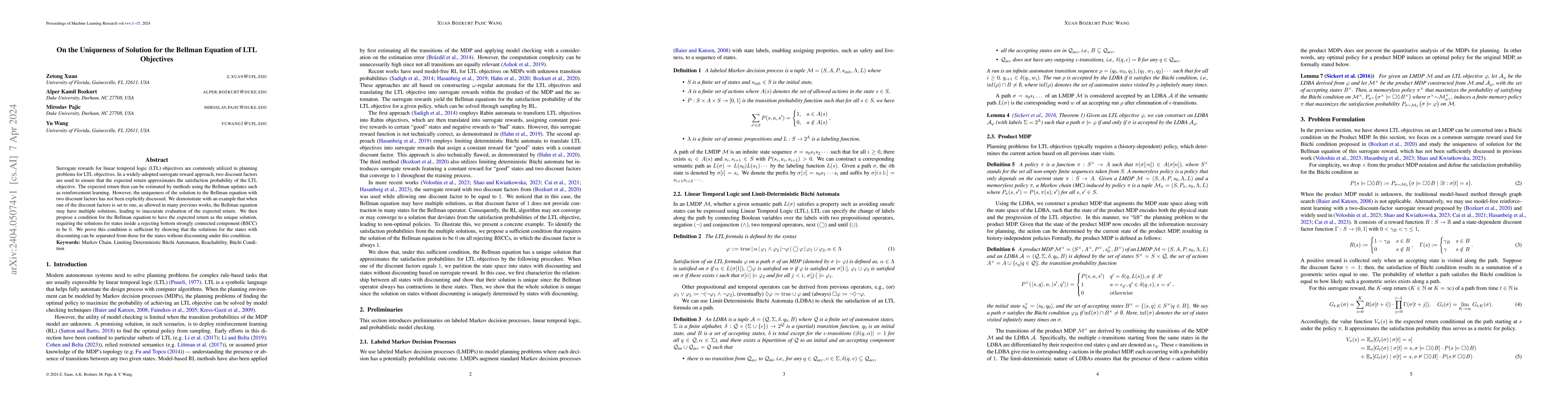 Thumbnail for On the Uniqueness of Solution for the Bellman Equation of LTL Objectives