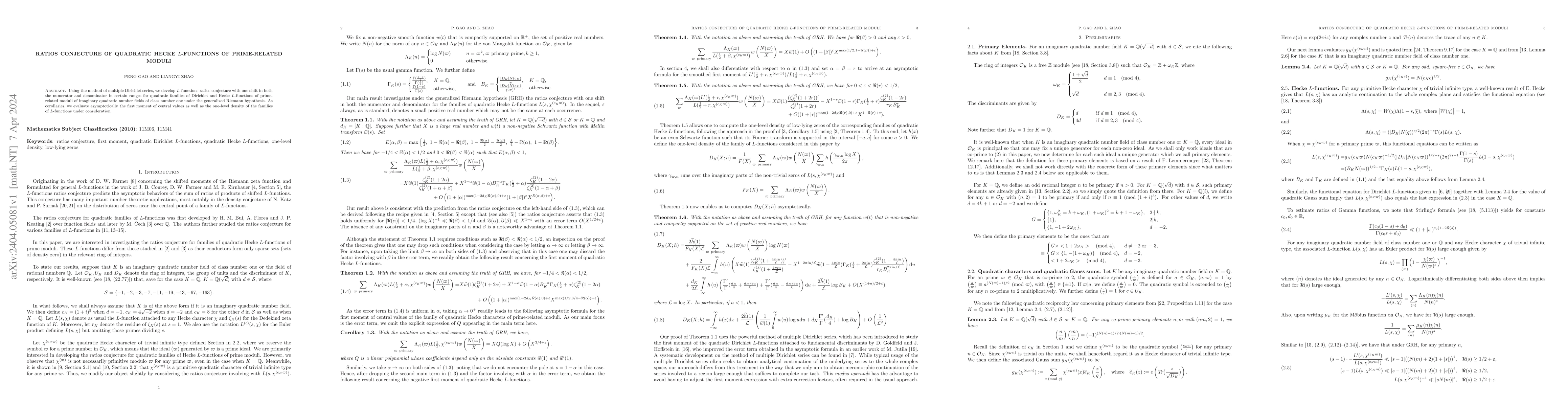 Thumbnail for Ratios conjecture of quadratic Hecke $L$-functions of prime-related
  moduli