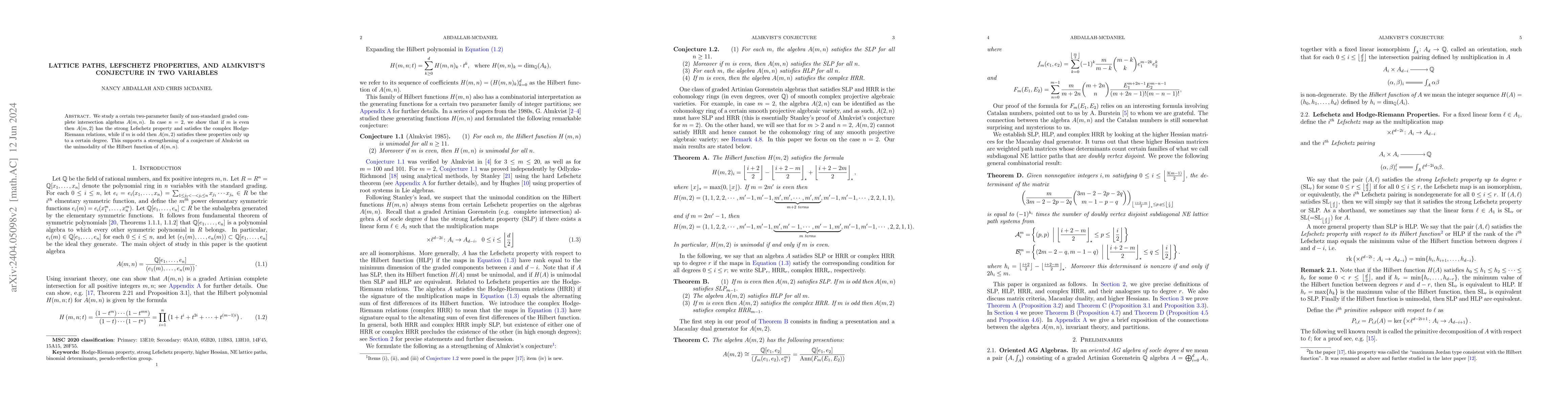 Thumbnail for Lattice Paths, Lefschetz Properties, and Almkvist's Conjecture in Two
  Variables