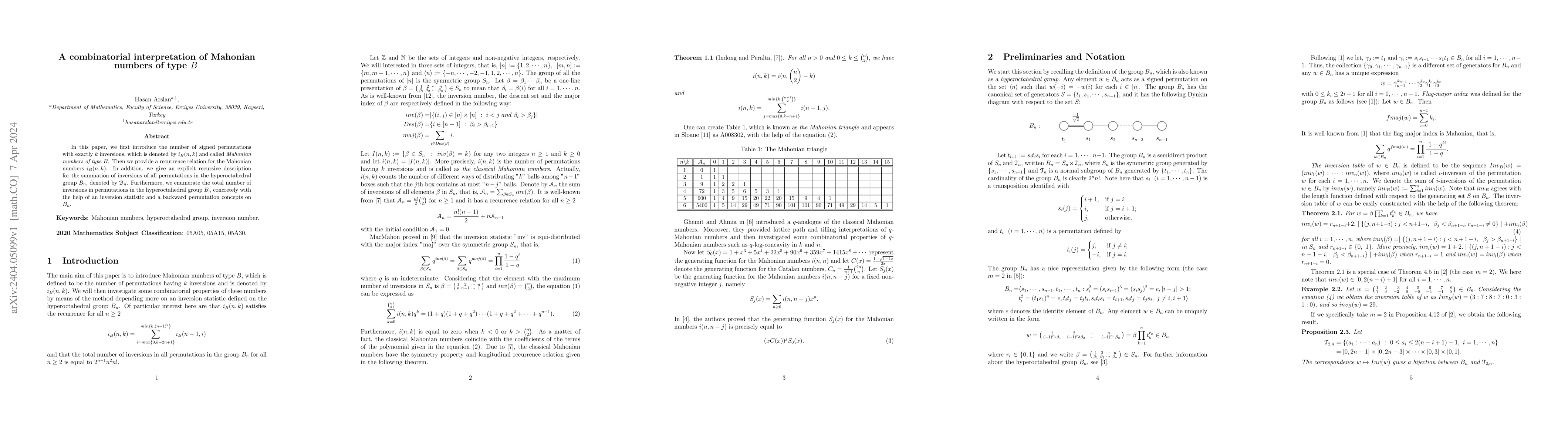 Thumbnail for A combinatorial interpretation of Mahonian numbers of type B