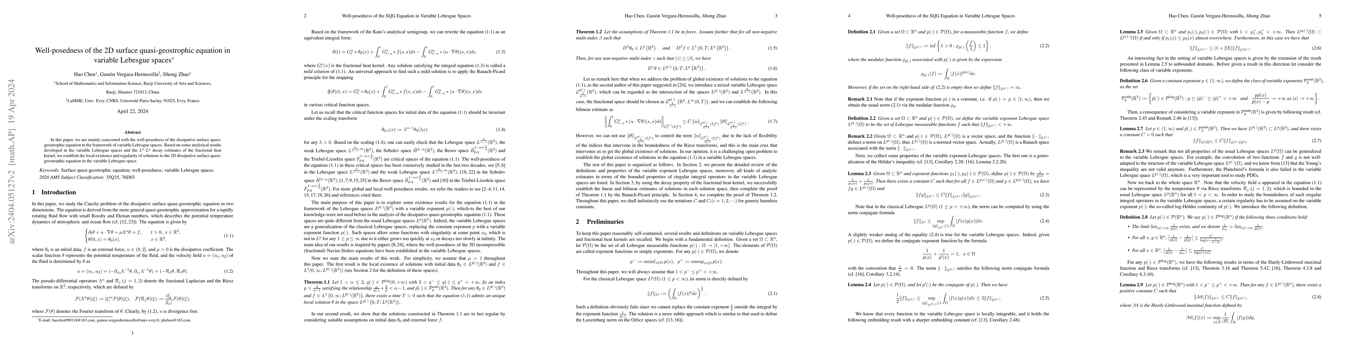 Thumbnail for Well-posedness of the 2D surface quasi-geostrophic equation in variable
  Lebesgue spaces