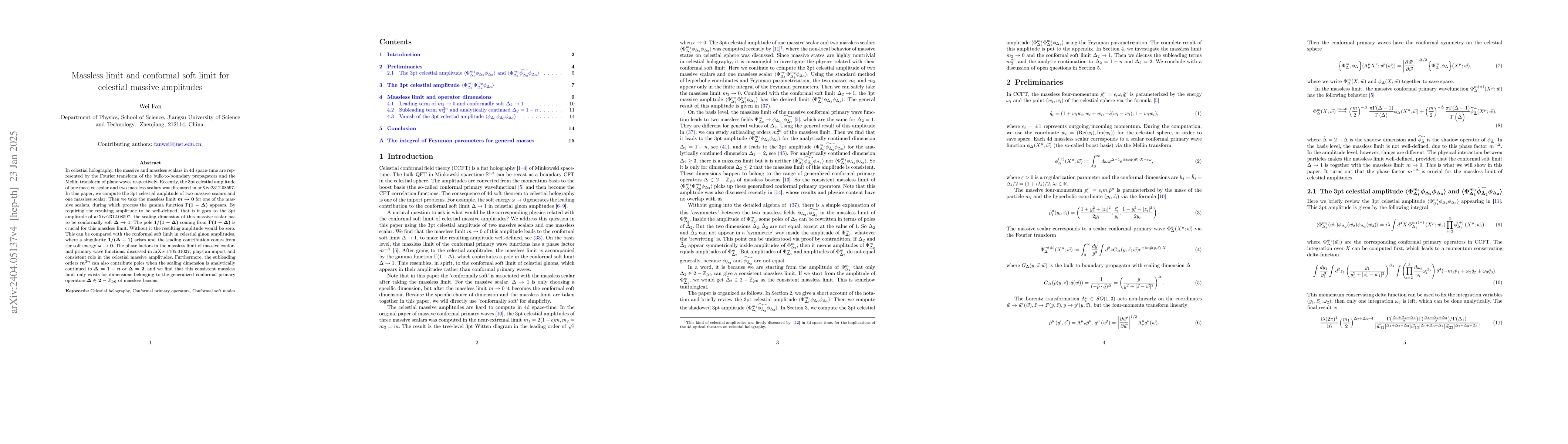 Thumbnail for Massless limit and conformal soft limit for celestial massive amplitudes