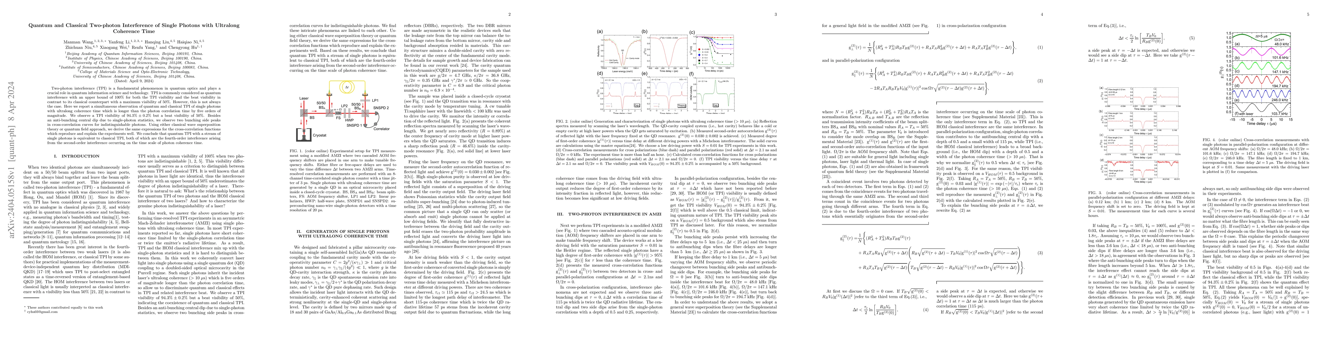 Thumbnail for Quantum and Classical Two-photon Interference of Single Photons with
  Ultralong Coherence Time