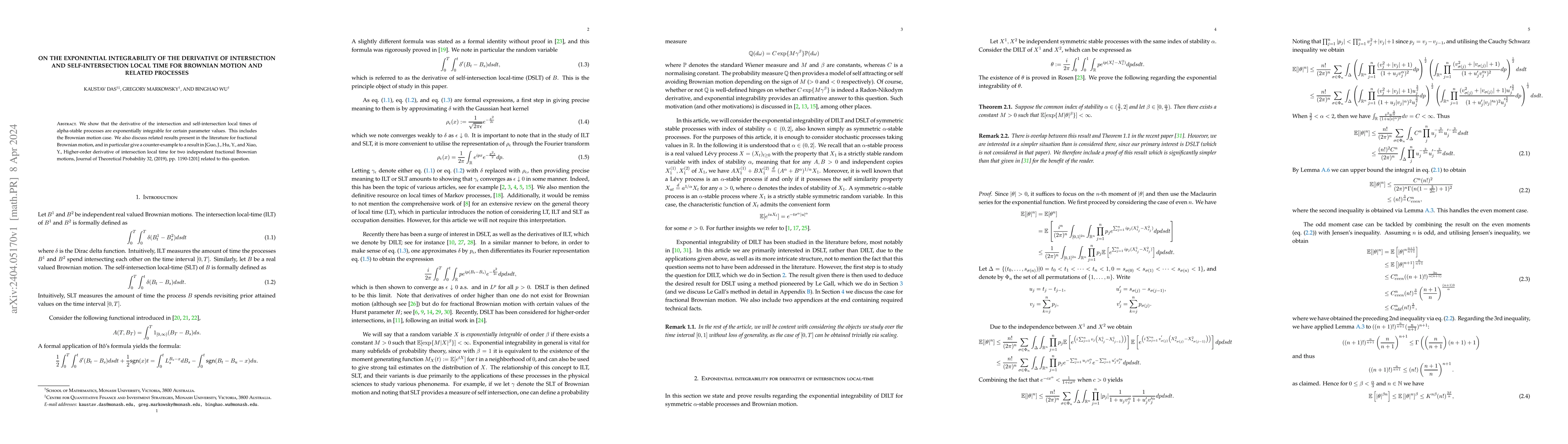 Thumbnail for On the exponential integrability of the derivative of intersection and
  self-intersection local time for Brownian motion and related processes