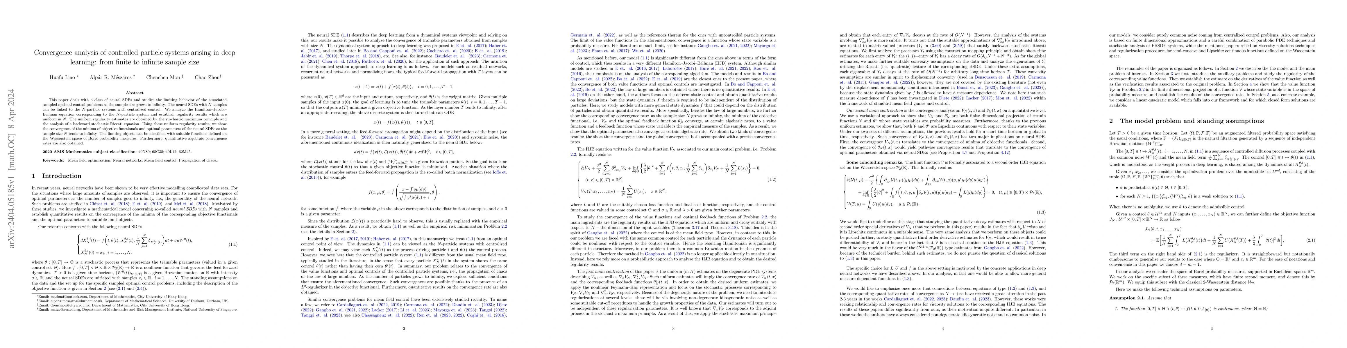 Thumbnail for Convergence analysis of controlled particle systems arising in deep
  learning: from finite to infinite sample size