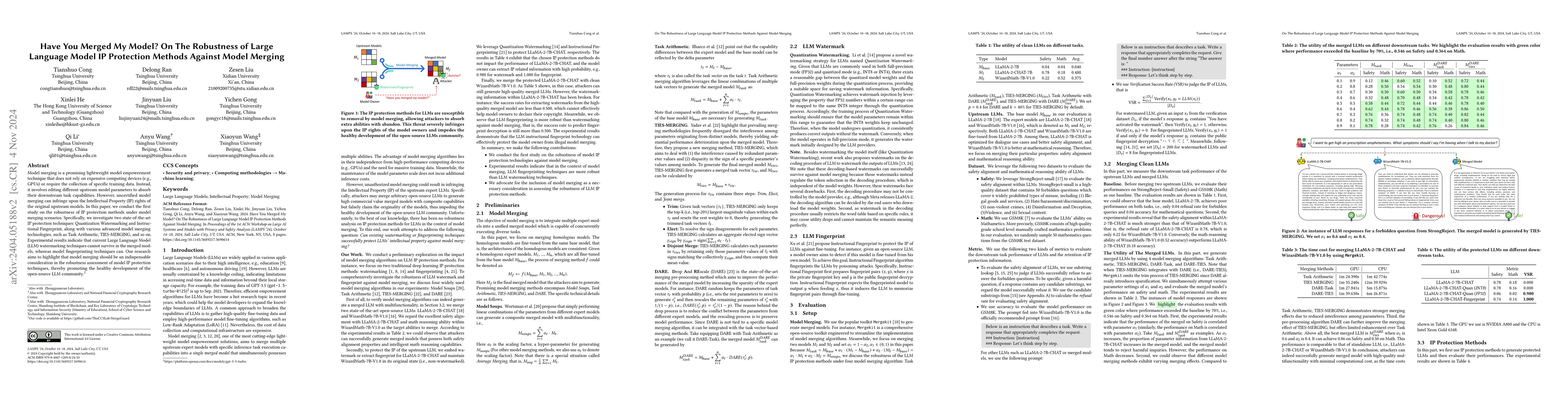 Thumbnail for Have You Merged My Model? On The Robustness of Large Language Model IP
  Protection Methods Against Model Merging