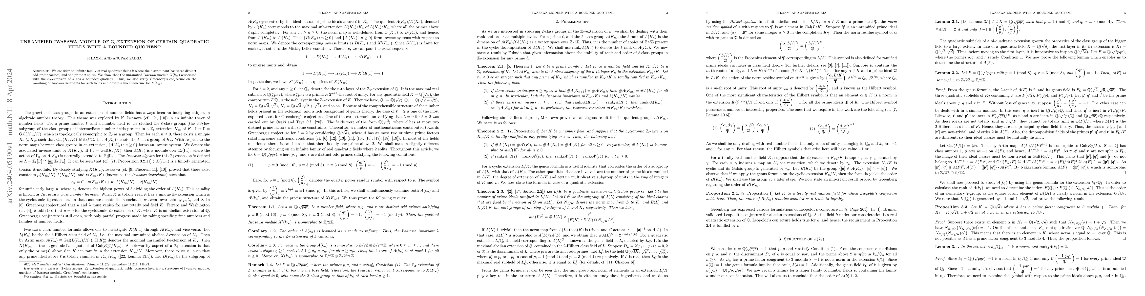 Thumbnail for Unramified Iwasawa module of $\mathbb{Z}_2$-extension of certain
  quadratic fields with a bounded quotient