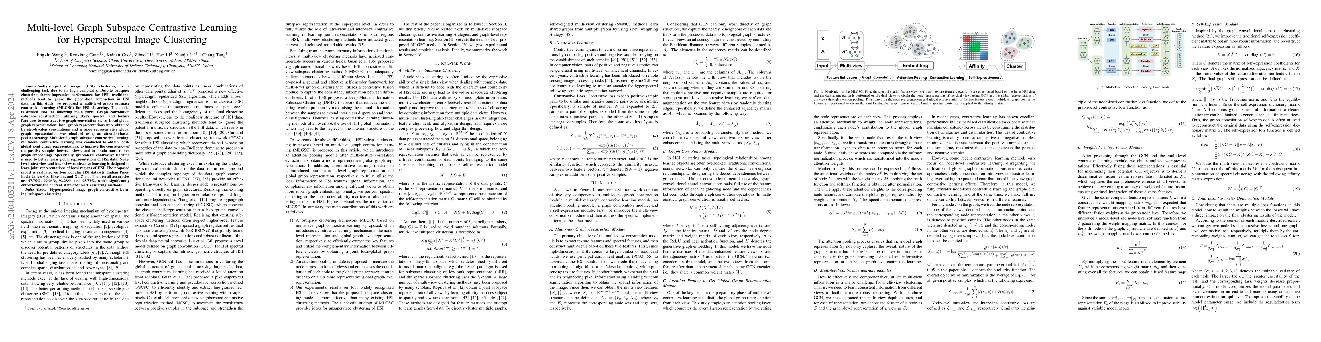 Thumbnail for Multi-level Graph Subspace Contrastive Learning for Hyperspectral Image
  Clustering