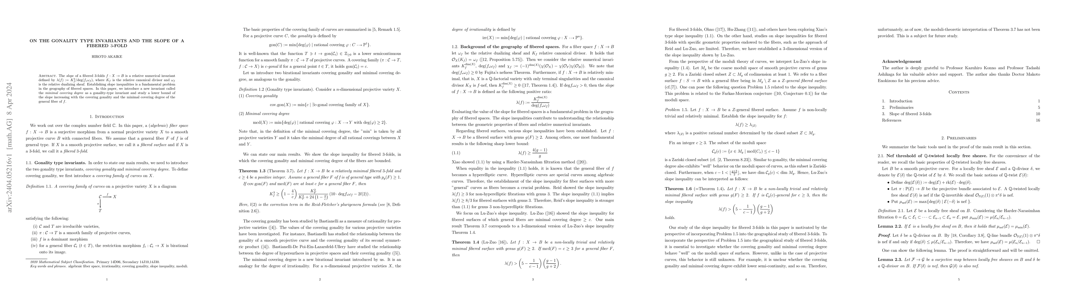 Thumbnail for On the Gonality type invariants and the slope of a fibered $3$-fold