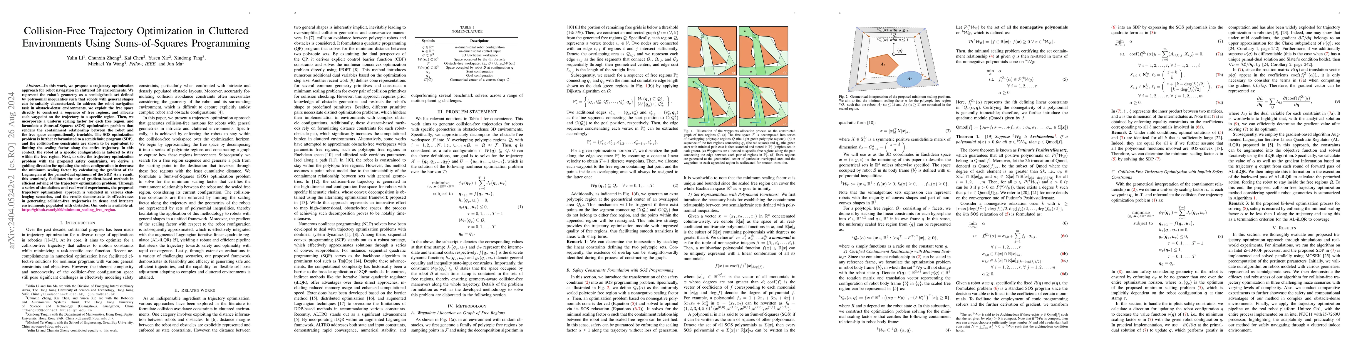 Thumbnail for Collision-Free Trajectory Optimization in Cluttered Environments with
  Sums-of-Squares Programming