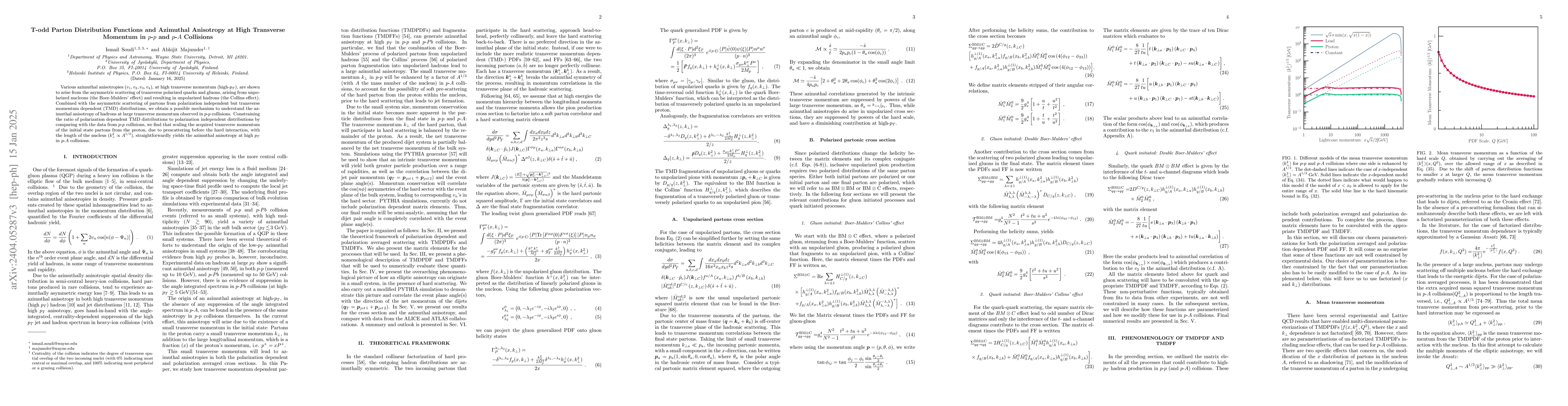 Thumbnail for T-odd Parton Distribution Functions and Azimuthal Anisotropy at High
  Transverse Momentum in $p$-$p$ and $p$-$A$ Collisions