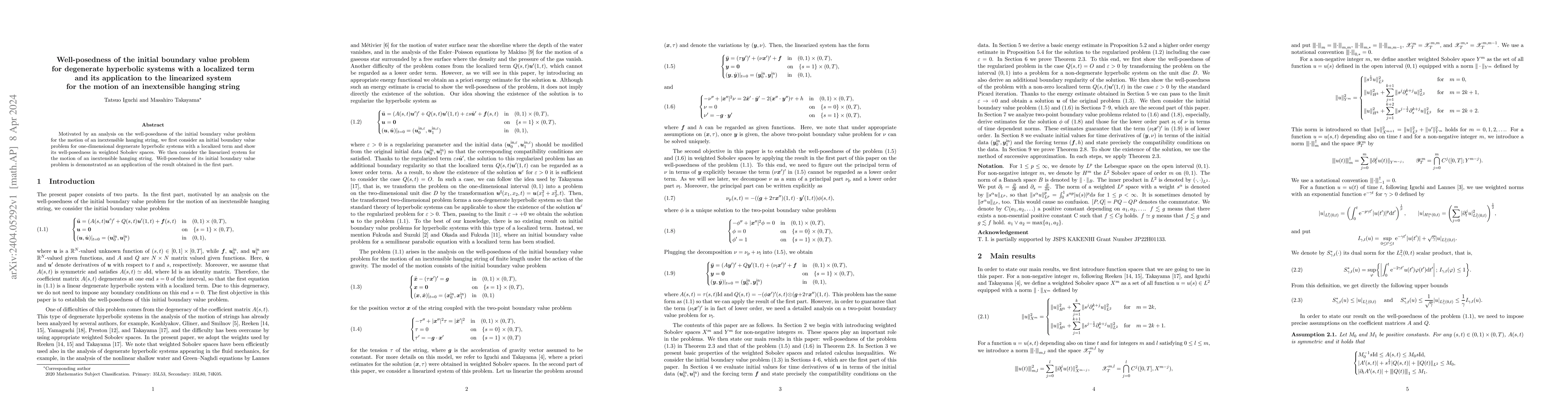 Thumbnail for Well-posedness of the initial boundary value problem for degenerate
  hyperbolic systems with a localized term and its application to the
  linearized system for the motion of an inextensible hanging string