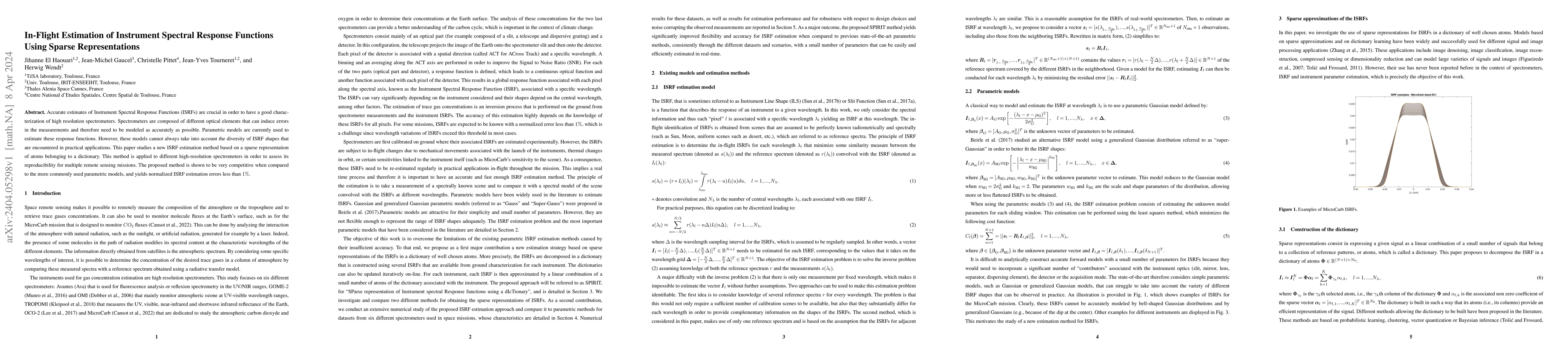 Thumbnail for In-Flight Estimation of Instrument Spectral Response Functions Using
  Sparse Representations