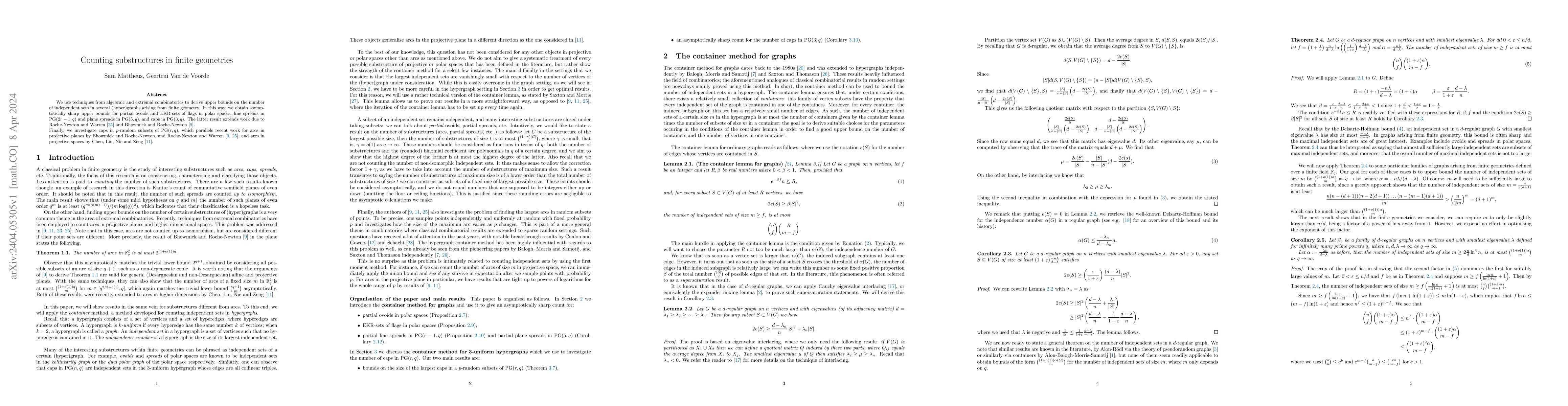 Thumbnail for Upper bounds for the number of substructures in finite geometries from
  the container method