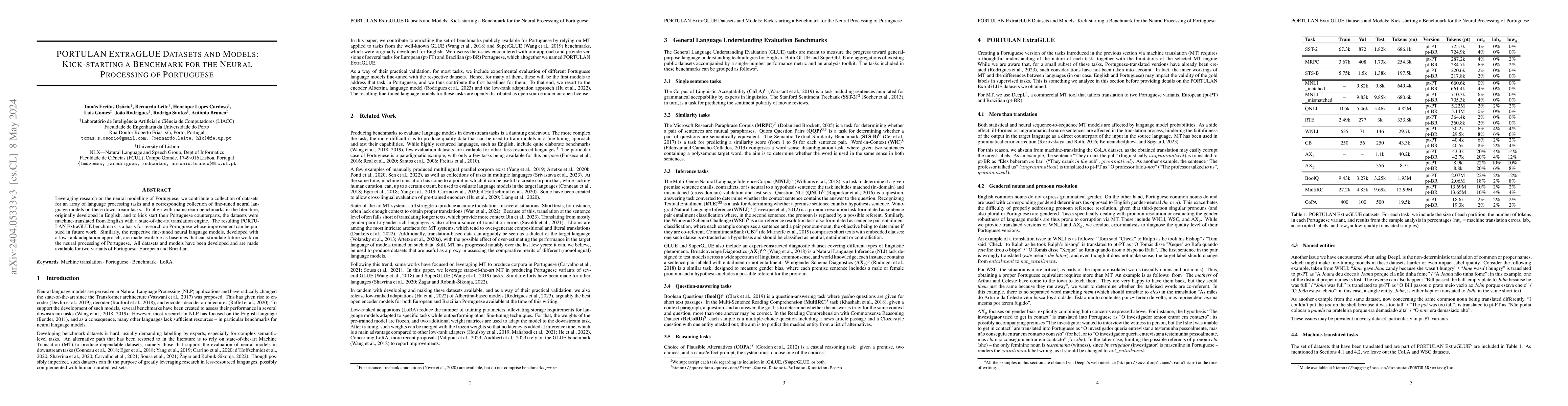 Thumbnail for PORTULAN ExtraGLUE Datasets and Models: Kick-starting a Benchmark for
  the Neural Processing of Portuguese
