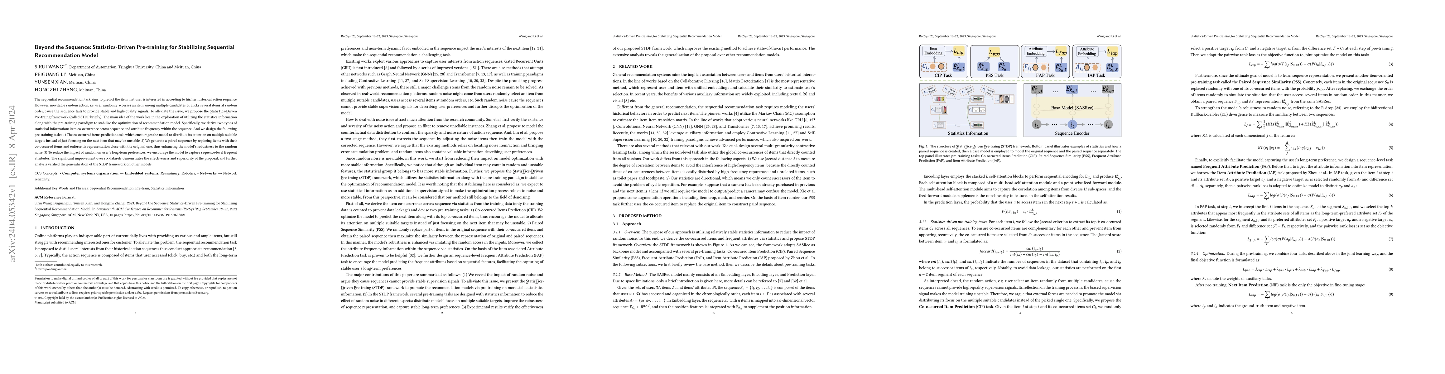 Thumbnail for Beyond the Sequence: Statistics-Driven Pre-training for Stabilizing
  Sequential Recommendation Model