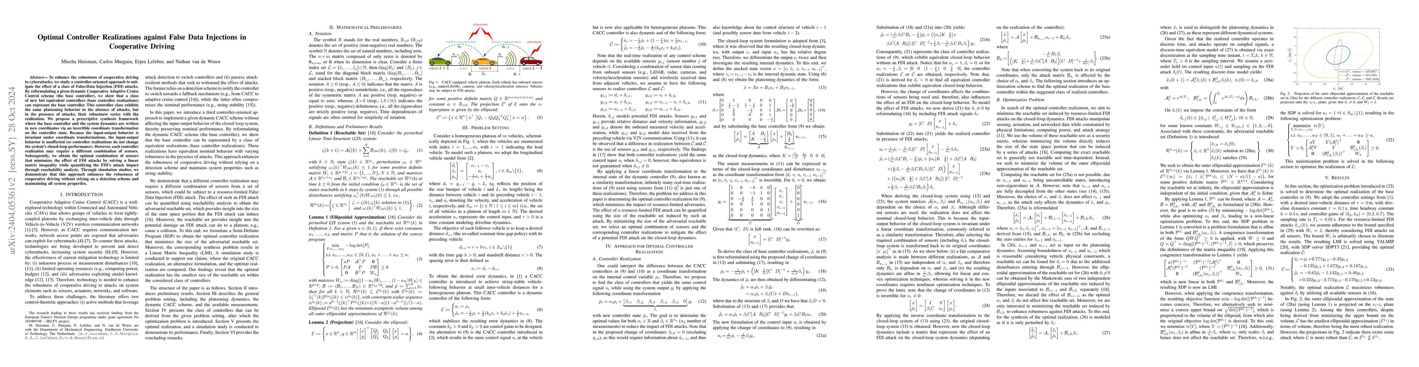 Thumbnail for Optimal Controller Realizations against False Data Injections in
  Cooperative Driving