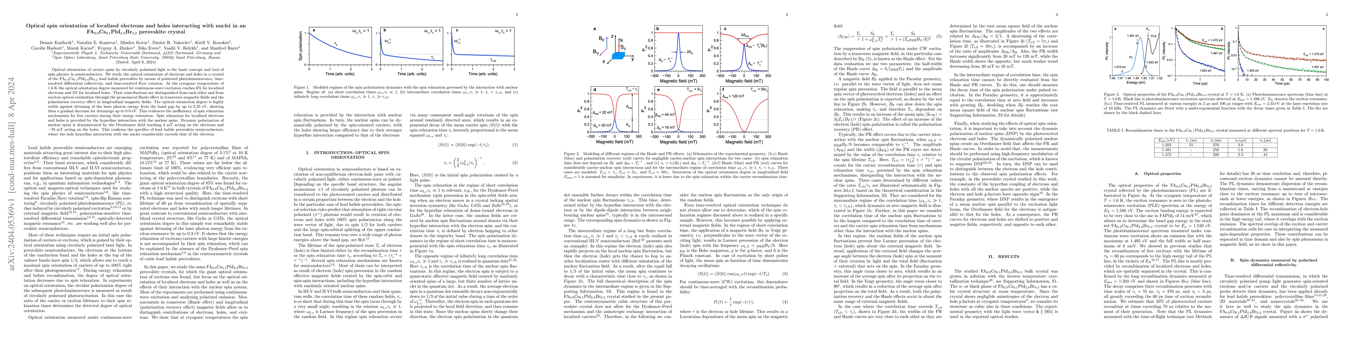 Thumbnail for Optical spin orientation of localized electrons and holes interacting
  with nuclei in an FA$_{0.9}$Cs$_{0.1}$PbI$_{2.8}$Br$_{0.2}$ perovskite
  crystal