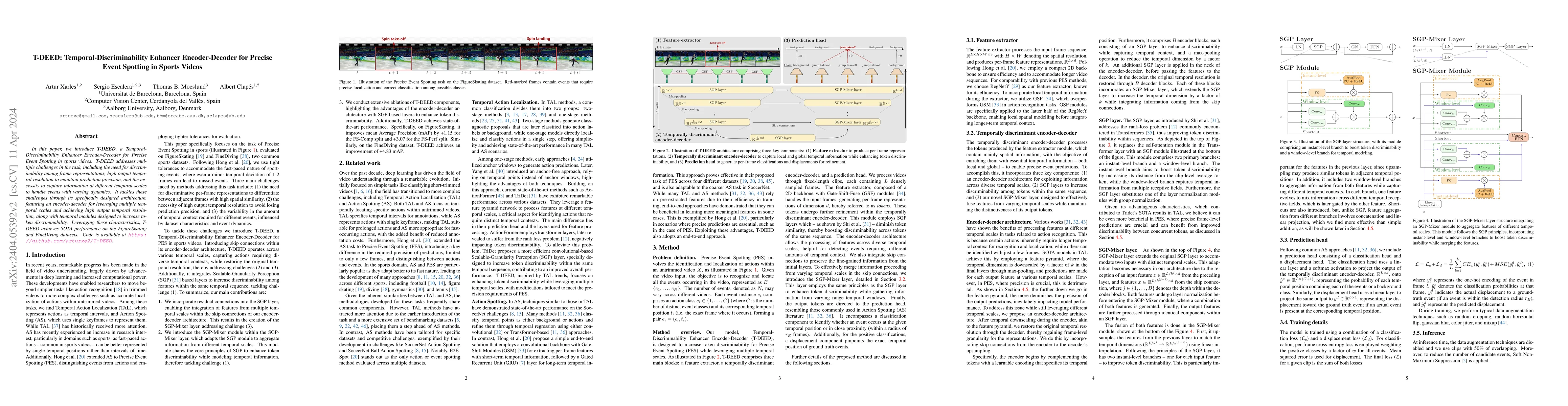 Thumbnail for T-DEED: Temporal-Discriminability Enhancer Encoder-Decoder for Precise
  Event Spotting in Sports Videos