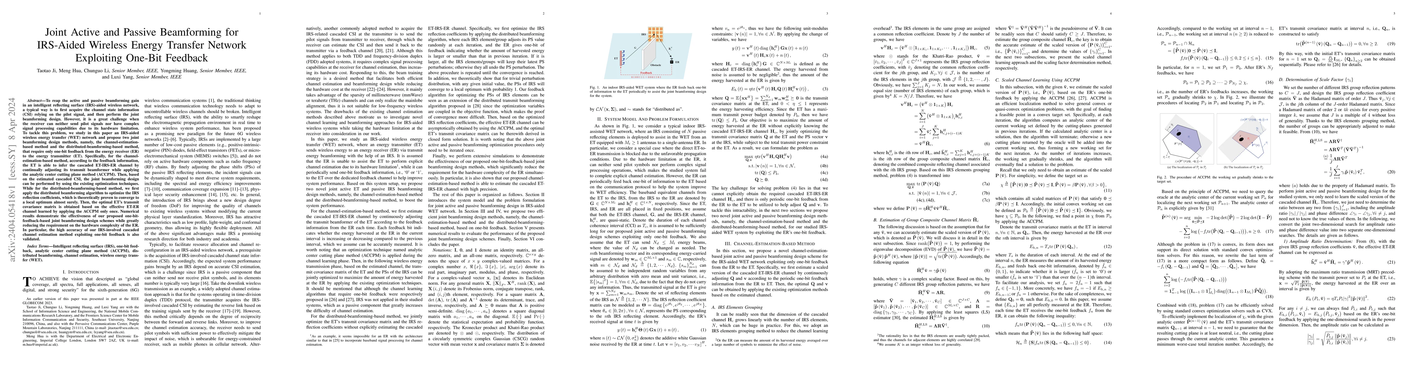 Thumbnail for Joint Active and Passive Beamforming for IRS-Aided Wireless Energy
  Transfer Network Exploiting One-Bit Feedback