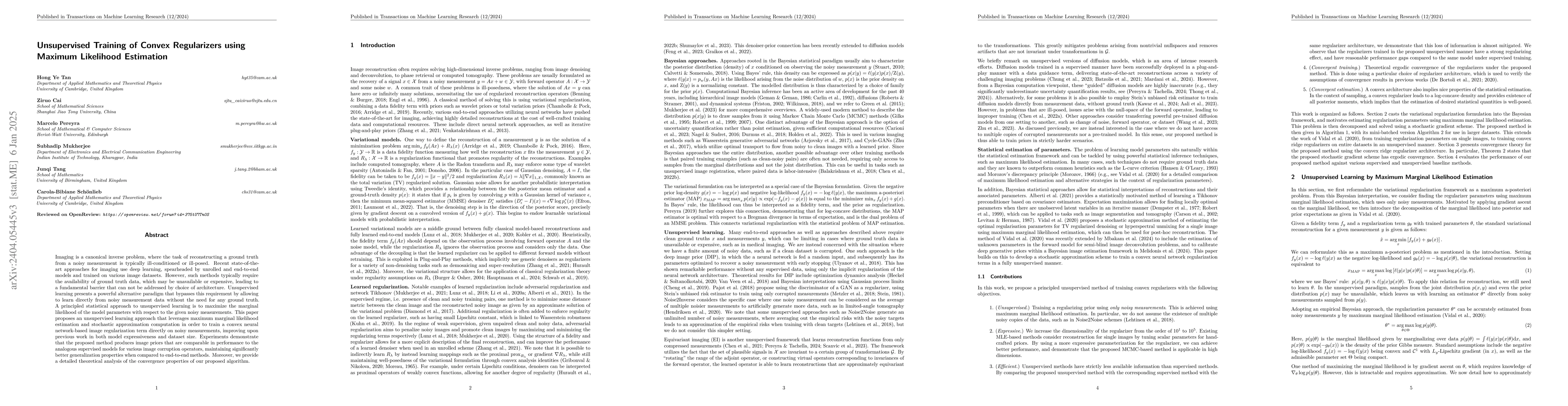 Thumbnail for Unsupervised Training of Convex Regularizers using Maximum Likelihood
  Estimation