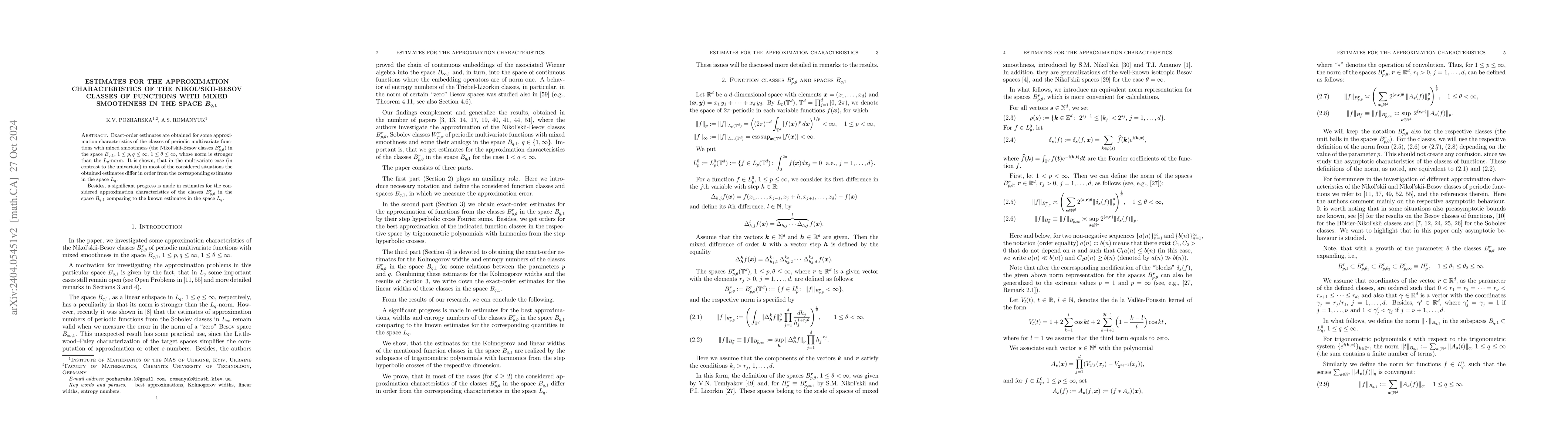 Thumbnail for Estimates for the approximation characteristics of the Nikol'skii-Besov
  classes of functions with mixed smoothness in the space $B_{q,1}$