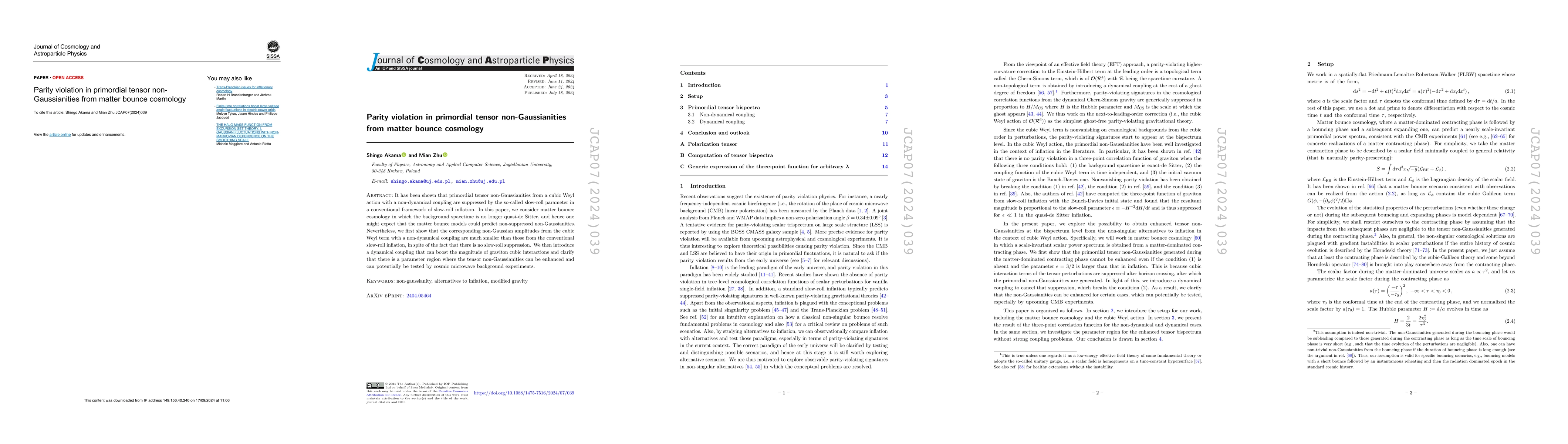 Thumbnail for Parity violation in primordial tensor non-Gaussianities from matter
  bounce cosmology