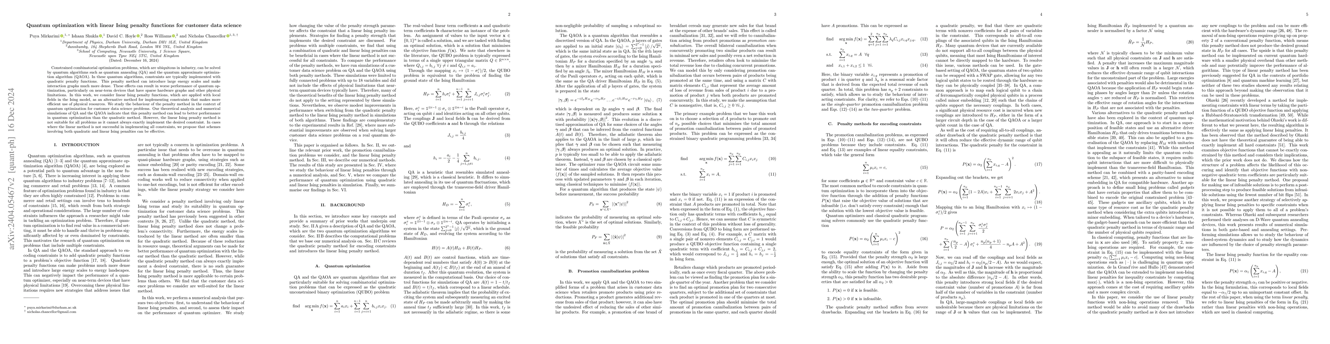 Thumbnail for Quantum optimization with linear Ising penalty functions for customer
  data science
