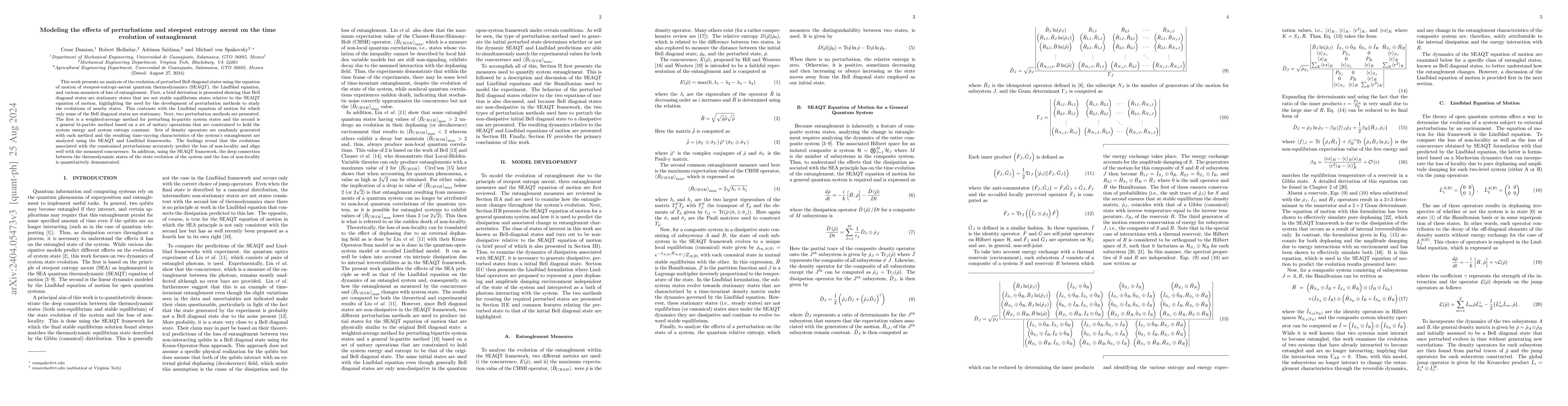 Thumbnail for Modeling the effects of perturbations and steepest entropy ascent on the
  time evolution of entanglement