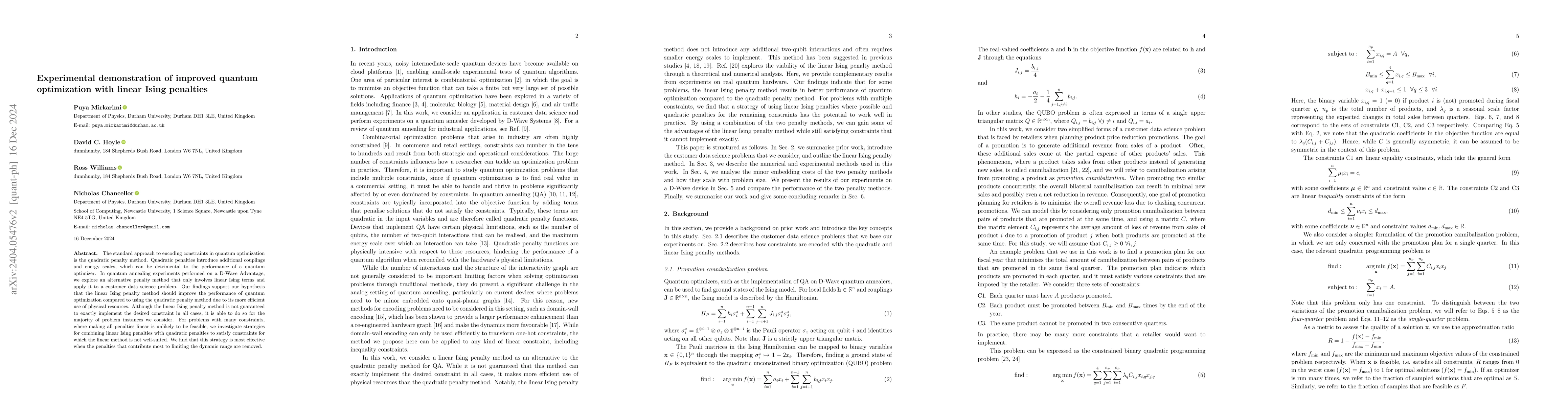 Thumbnail for Experimental demonstration of improved quantum optimization with linear
  Ising penalties