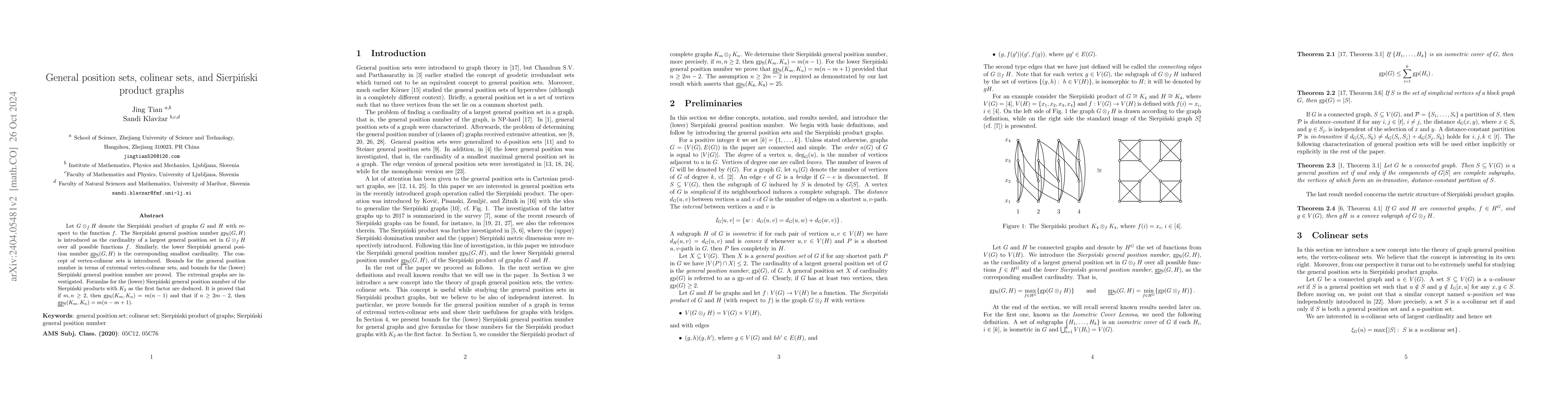 Thumbnail for General position sets, colinear sets, and Sierpi\'{n}ski product graphs
