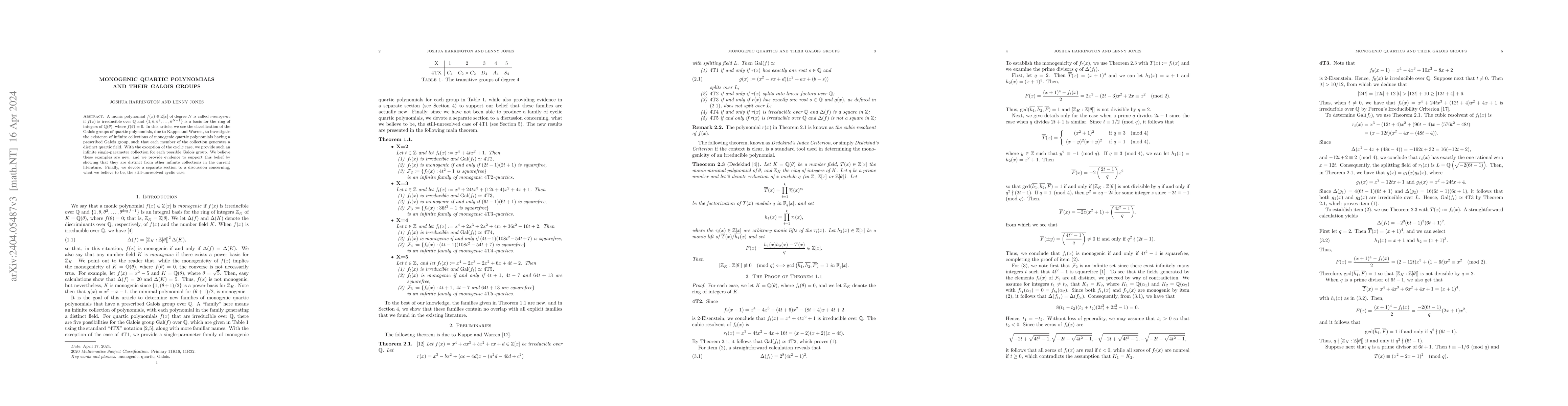 Thumbnail for Monogenic Quartic Polynomials and Their Galois Groups