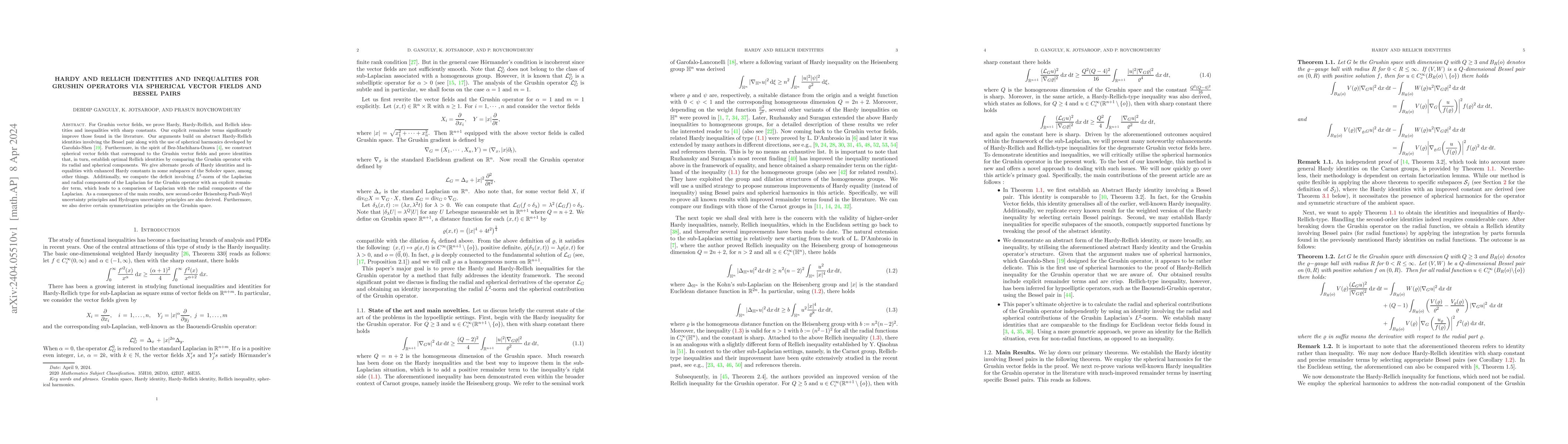 Thumbnail for Hardy and Rellich identities and inequalities for Grushin operators via
  spherical vector fields and Bessel pairs
