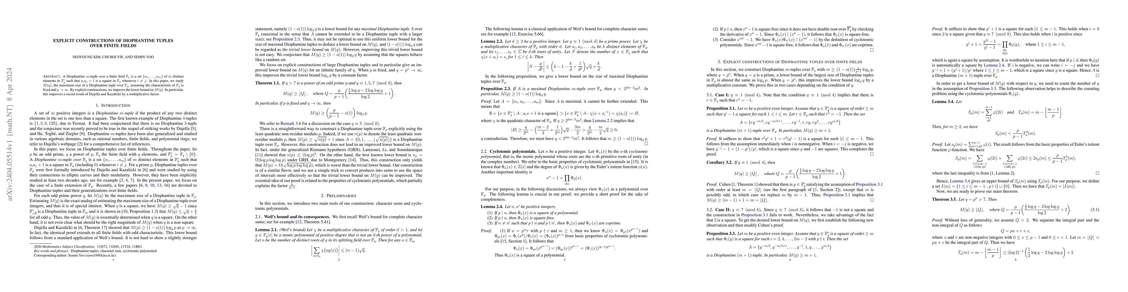 Thumbnail for Explicit constructions of Diophantine tuples over finite fields