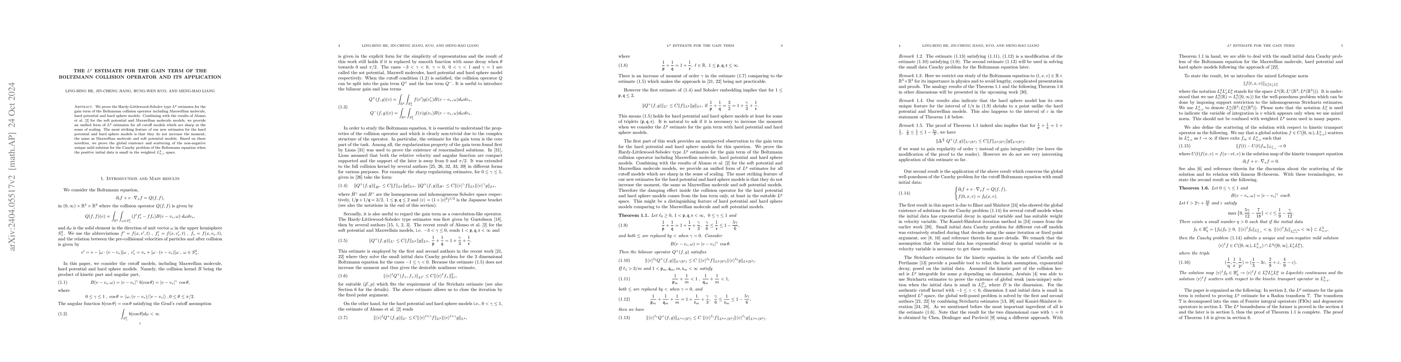 Thumbnail for The $L^p$ estimate for the gain term of the Boltzmann collision operator
  and its application