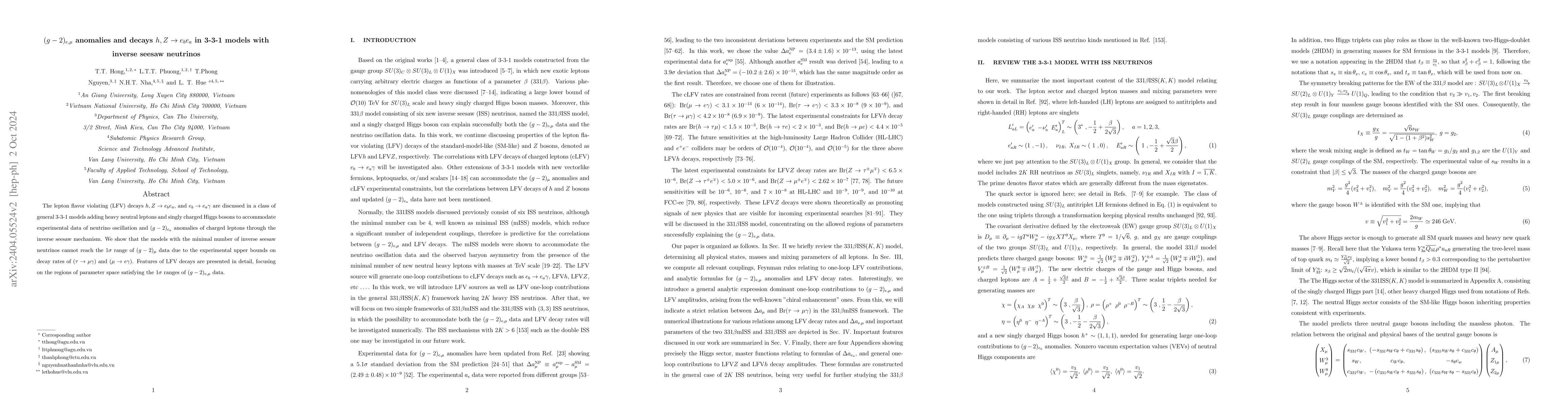 Thumbnail for $(g-2)_{e,\mu}$ anomalies and decays $h, Z\to e_b e_a $ in 3-3-1 models
  with inverse seesaw neutrinos