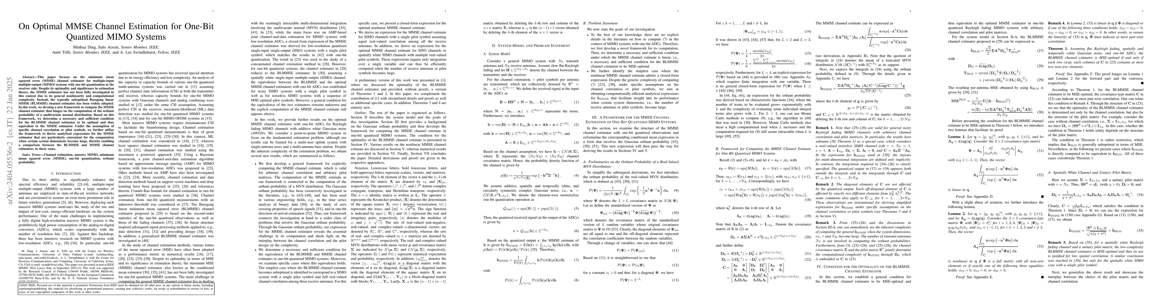 Thumbnail for On the Optimal MMSE Channel Estimation for One-Bit Quantized MIMO
  Systems