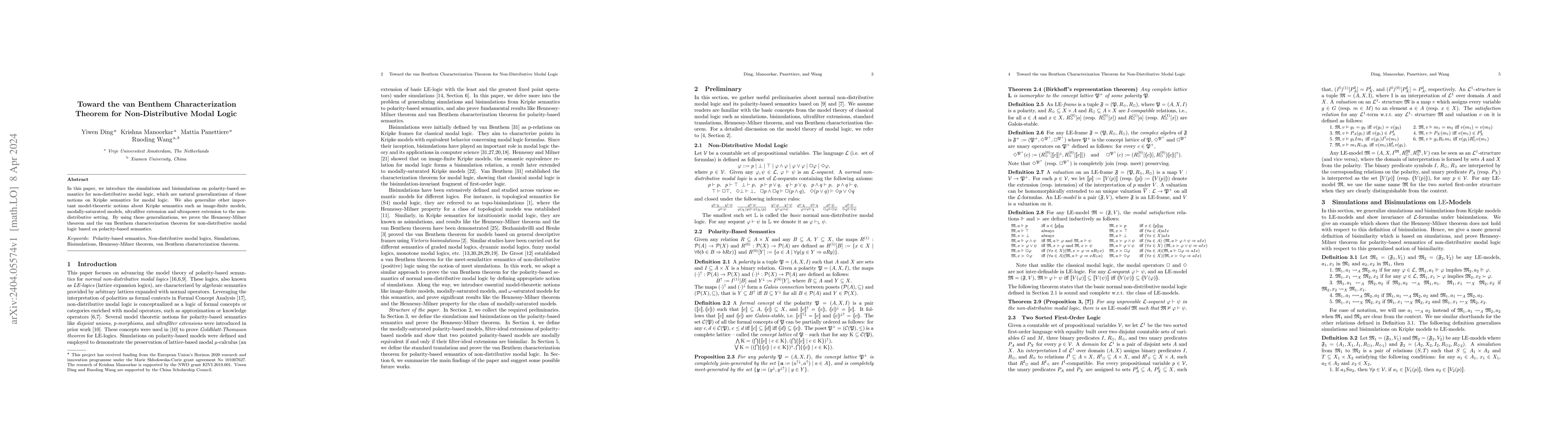 Thumbnail for Toward the van Benthem Characterization Theorem for Non-Distributive
  Modal Logic