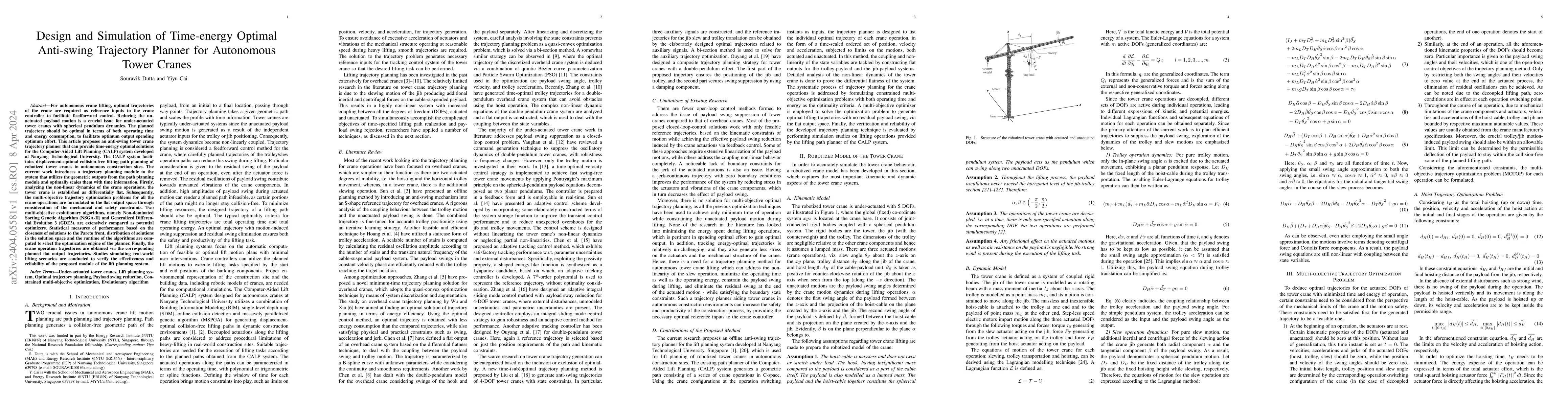 Thumbnail for Design and Simulation of Time-energy Optimal Anti-swing Trajectory
  Planner for Autonomous Tower Cranes