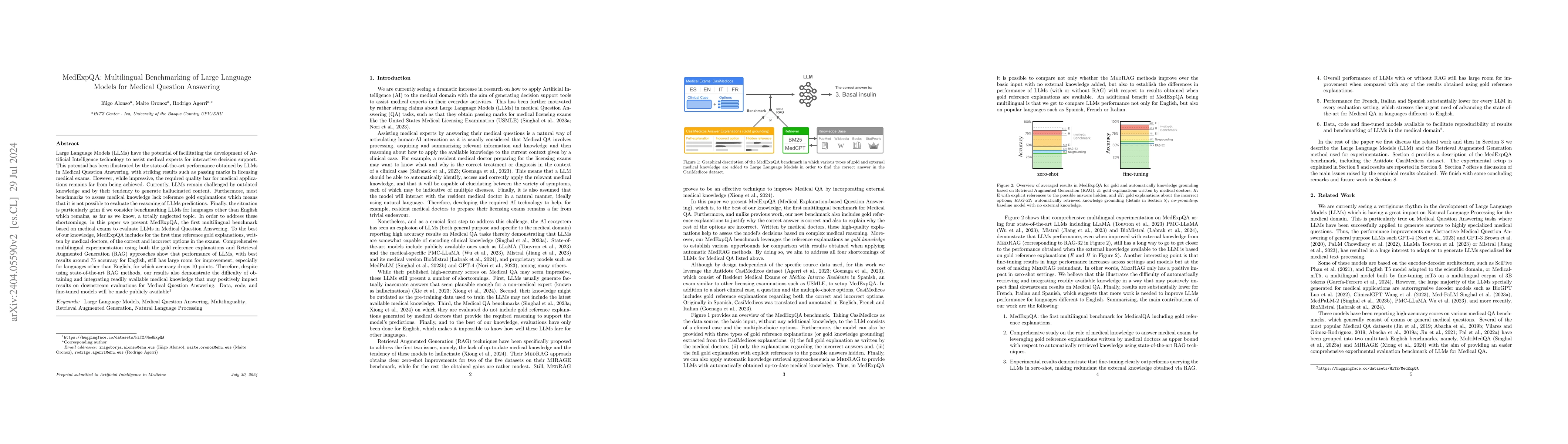 Thumbnail for MedExpQA: Multilingual Benchmarking of Large Language Models for Medical
  Question Answering