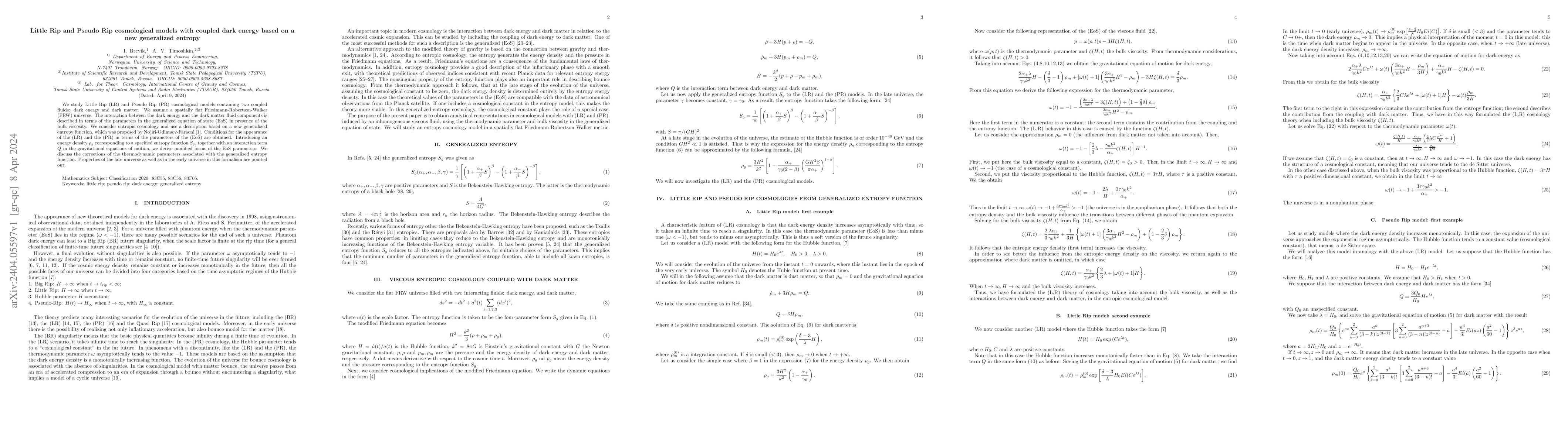 Thumbnail for Little Rip and Pseudo Rip cosmological models with coupled dark energy
  based on a new generalized entropy